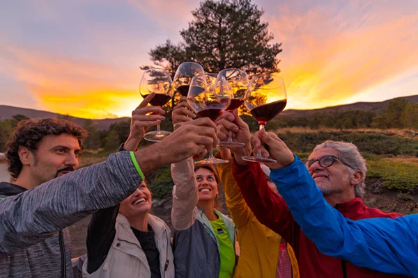Adult Group of Friends on a Trip Making a Wine Toast
